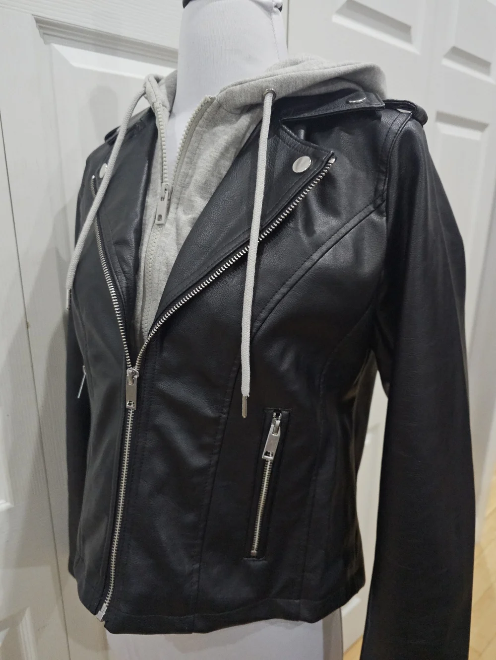 Women's Sebby Punk Biker Moto Black Faux Leather Gray Hoodie Zip Jacket Coat S - Picture 6 of 9
